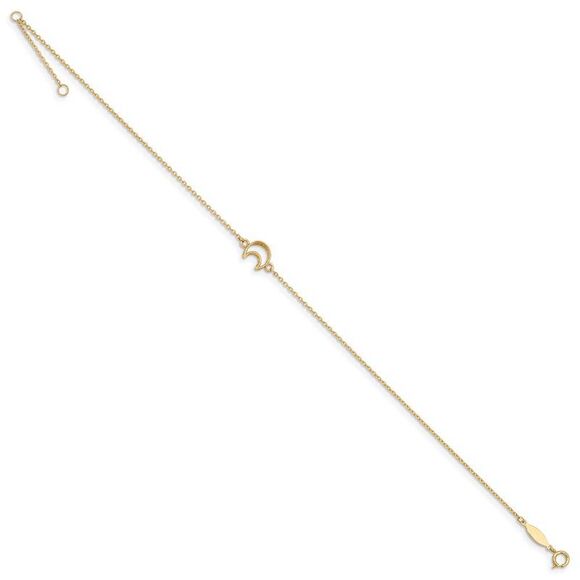 14k Yellow Gold Crescent Moon And 1mm Cable Chain Anklet, 10-11 Inch - Picture 2 of 5